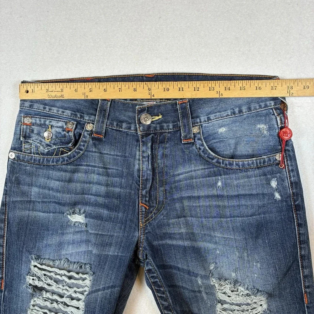 True Religion Ricky Straight Flap Men 33 x 33 Blue Distressed 100% Cotton Jeans